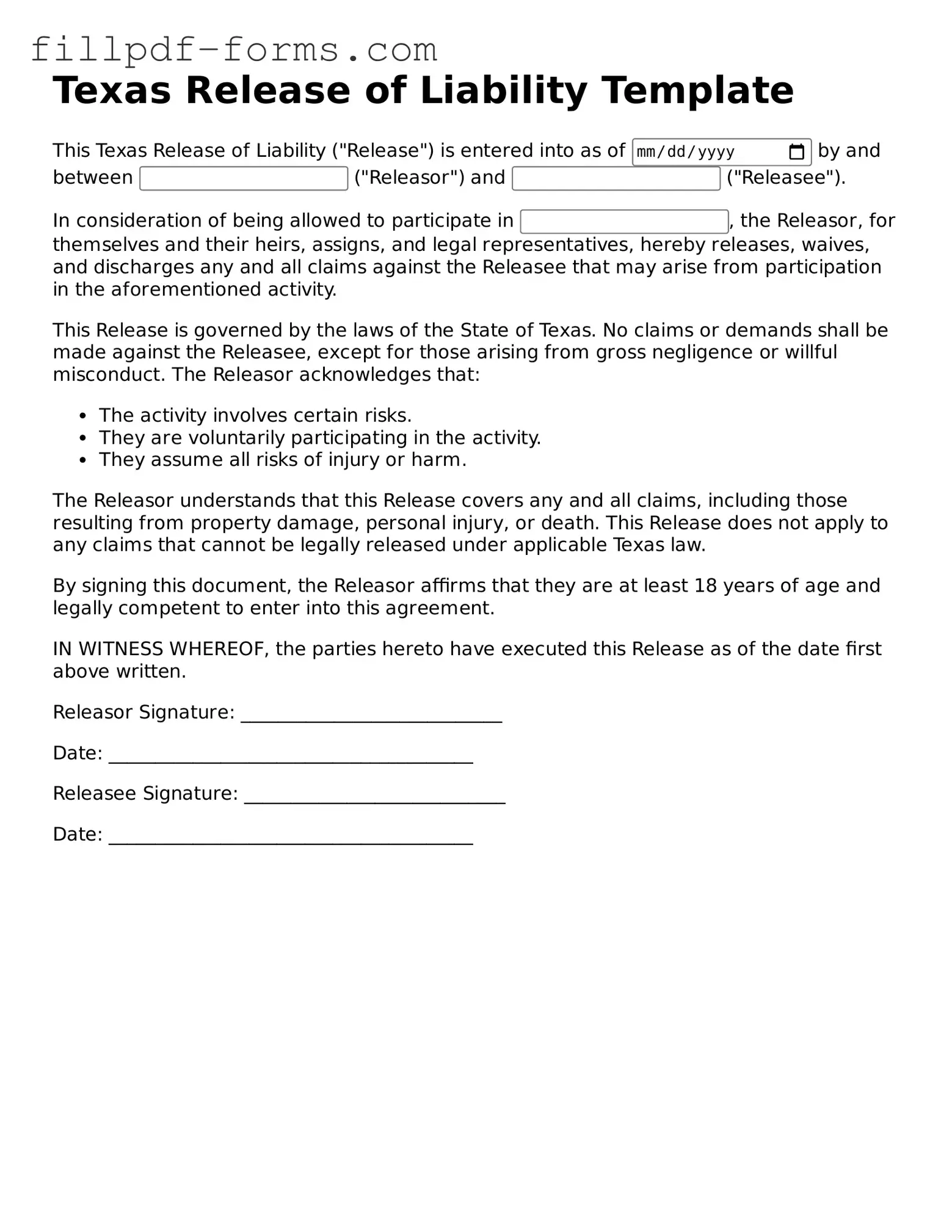 Fillable Release of Liability Template for the State of Texas