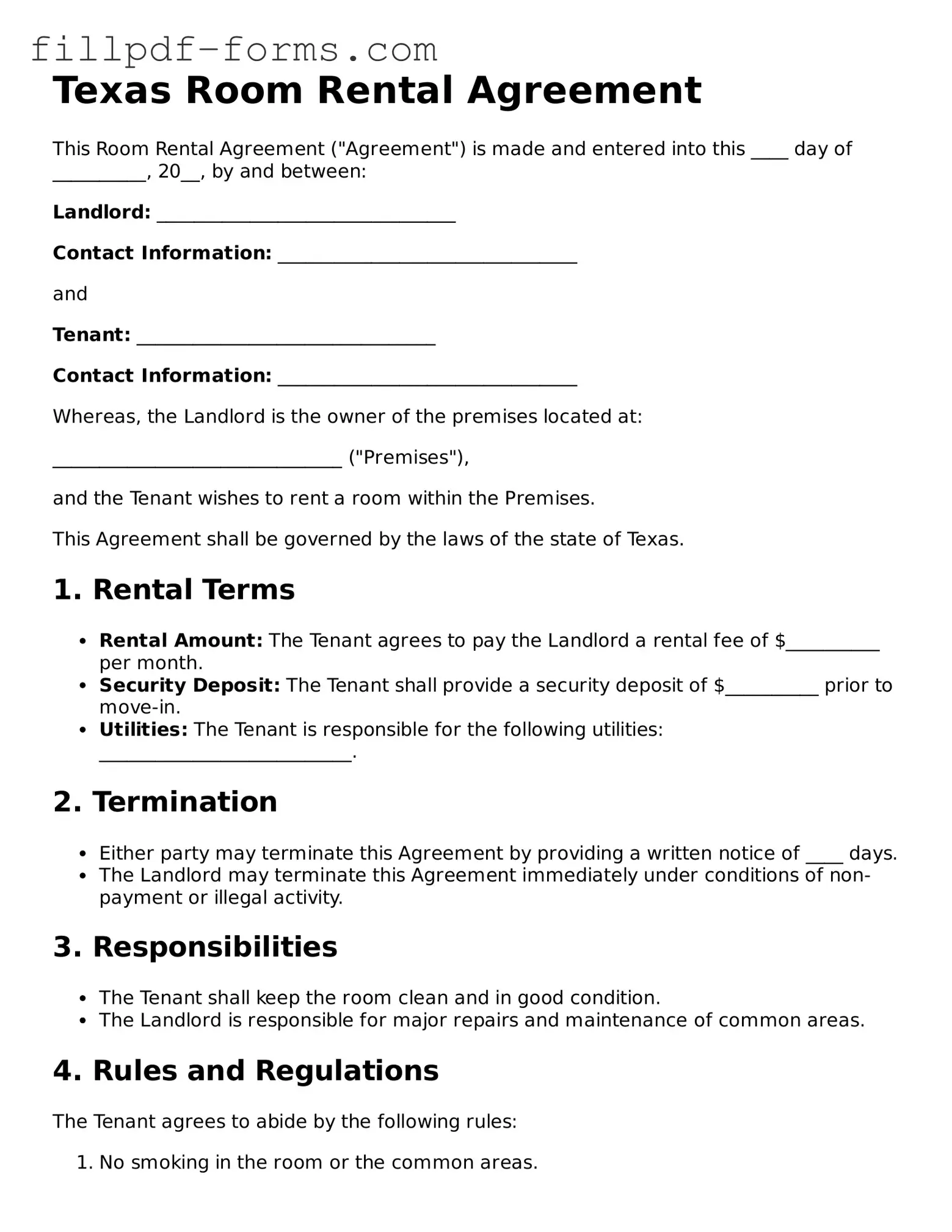 Fillable Room Rental Agreement Template for the State of Texas
