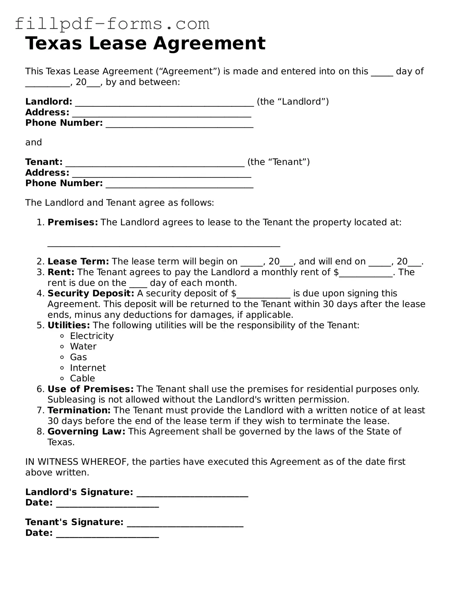 Fillable Lease Agreement Template for the State of Texas