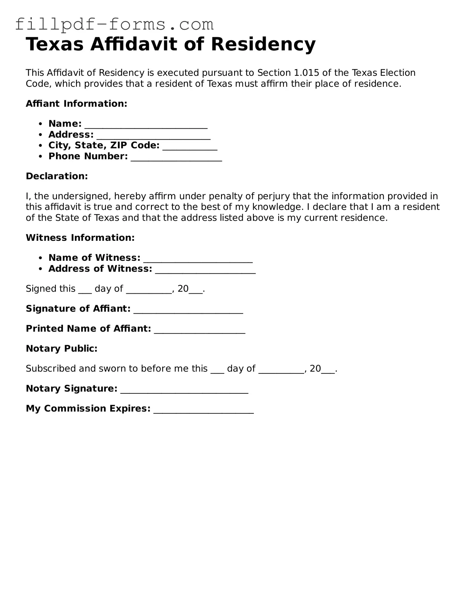 Fillable Affidavit of Residency Template for the State of Texas
