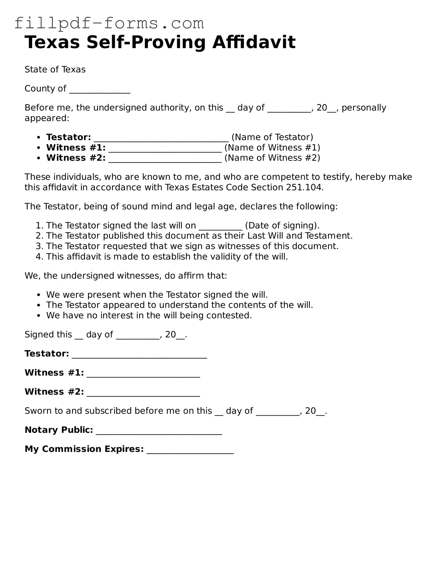 Fillable Self-Proving Affidavit Template for the State of Texas