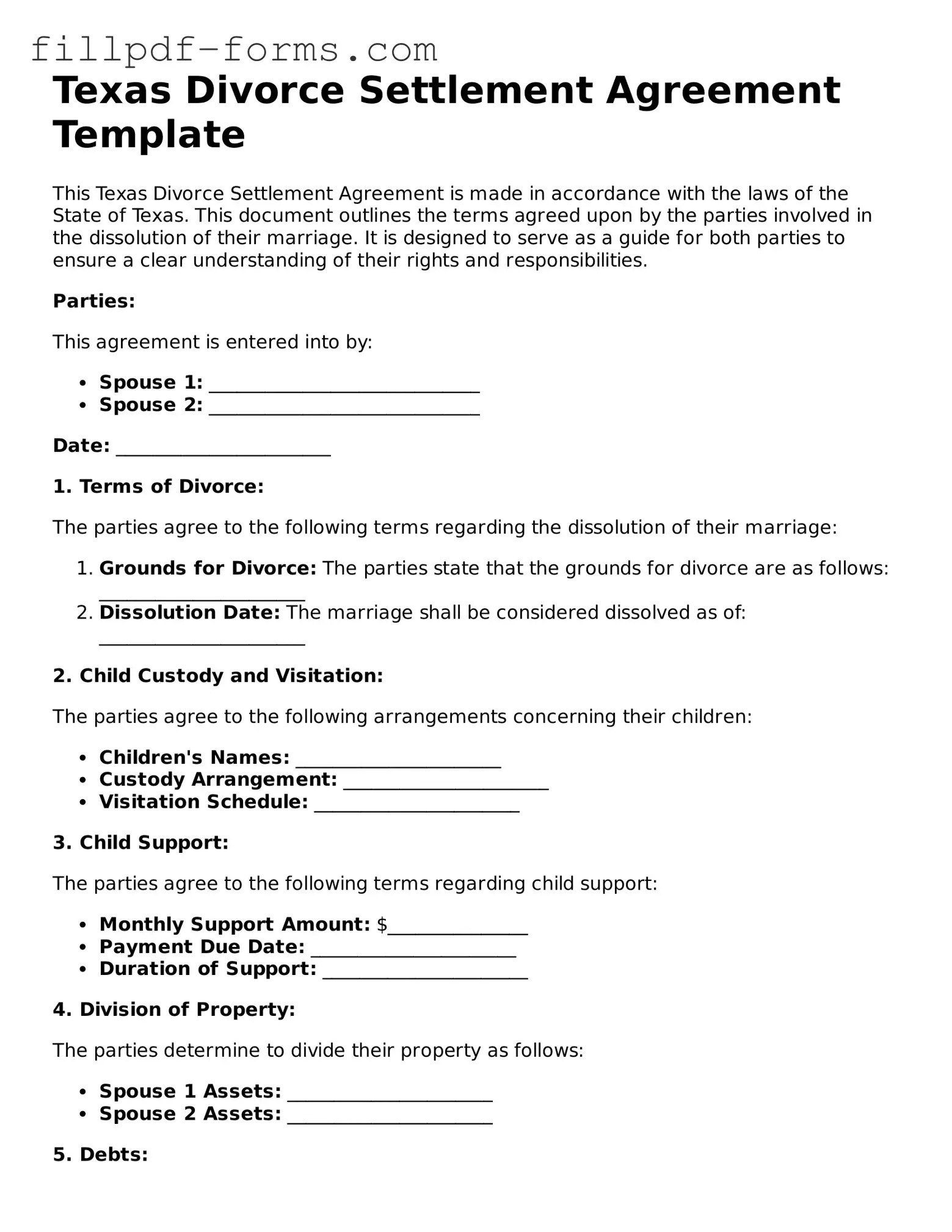 Fillable Divorce Settlement Agreement Template for the State of Texas