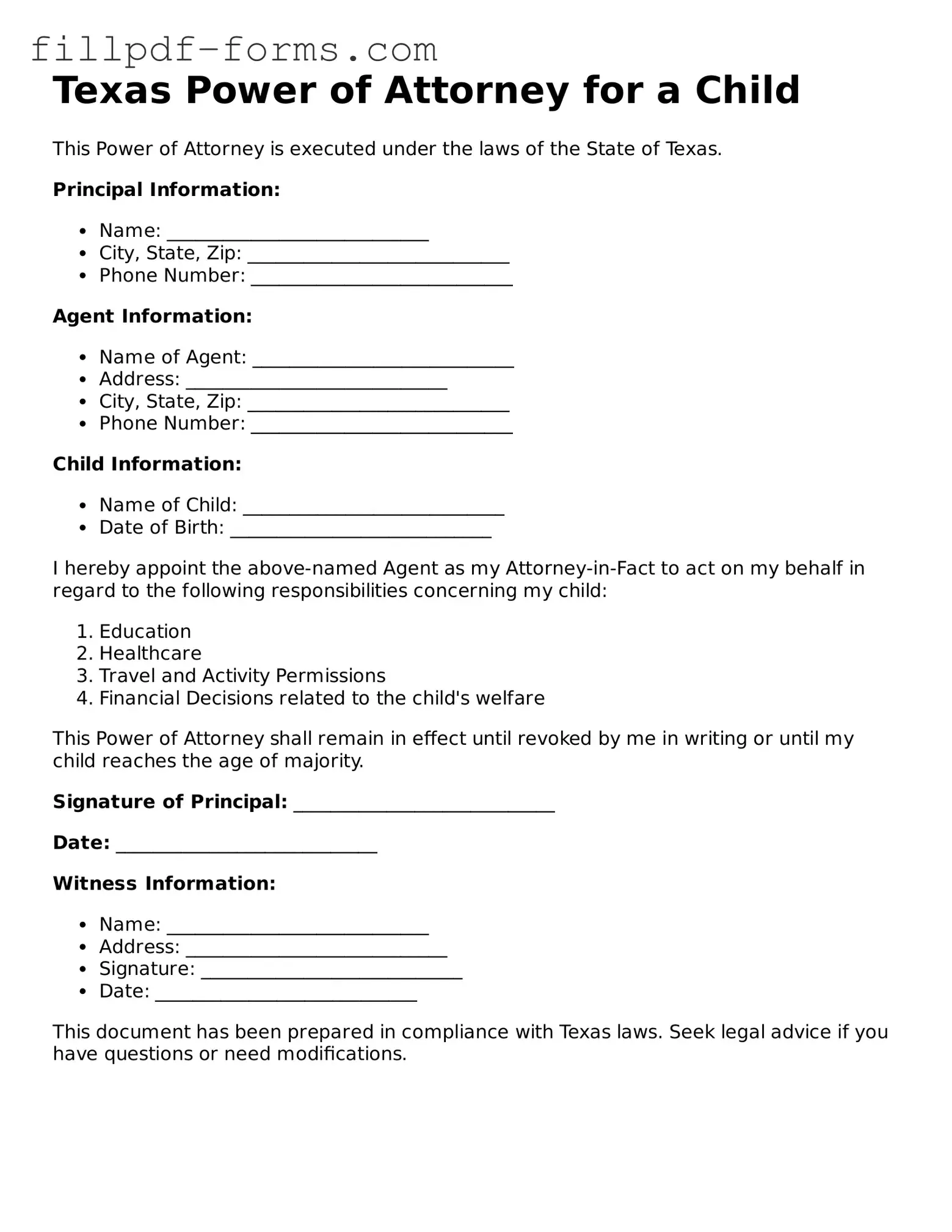 Fillable Power of Attorney for a Child Template for the State of Texas
