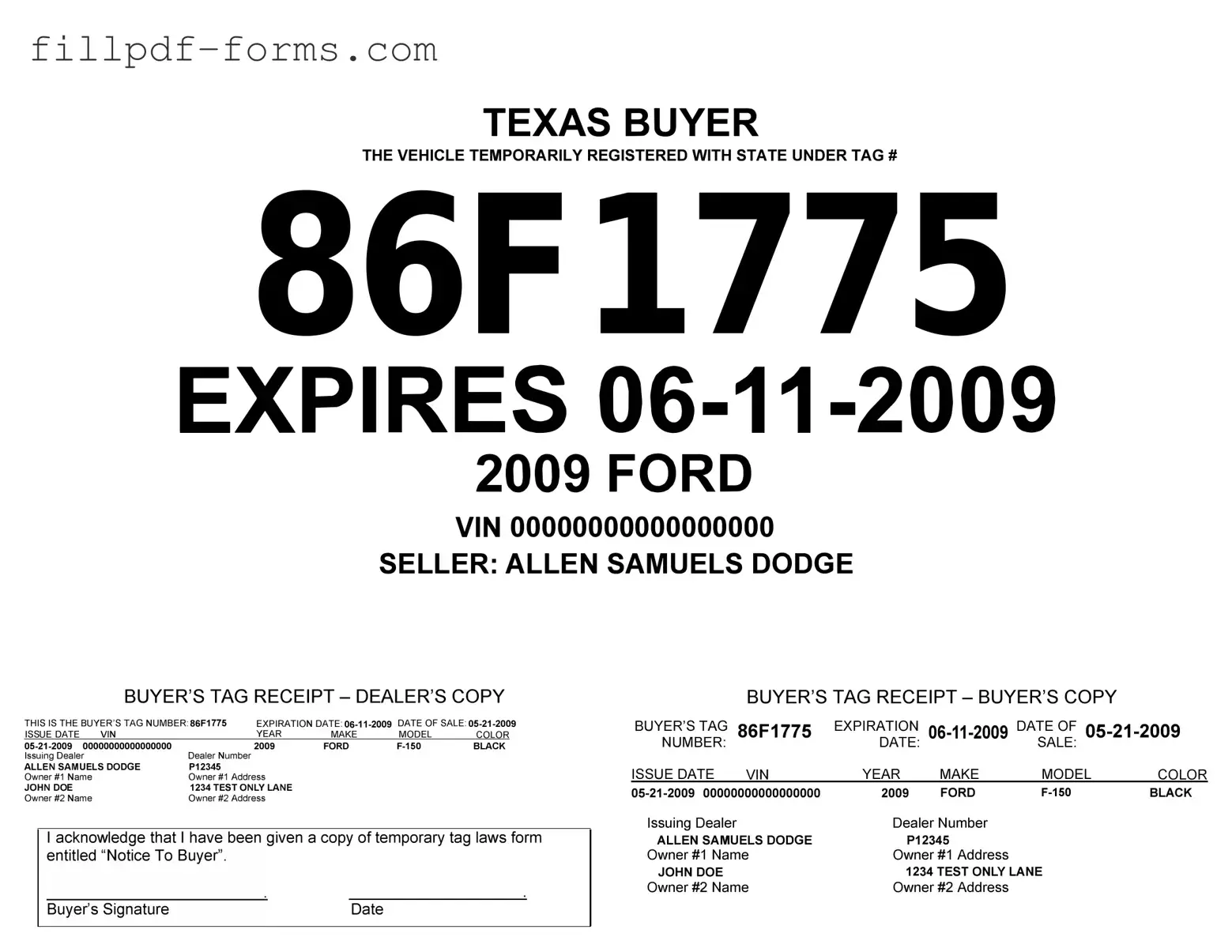 Texas Temporary Tag PDF Form