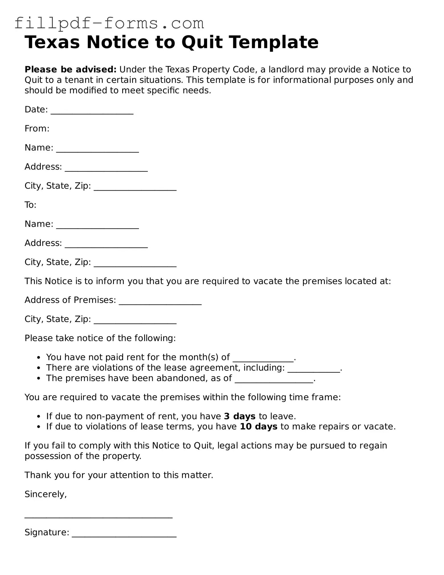 Fillable Notice to Quit Template for the State of Texas