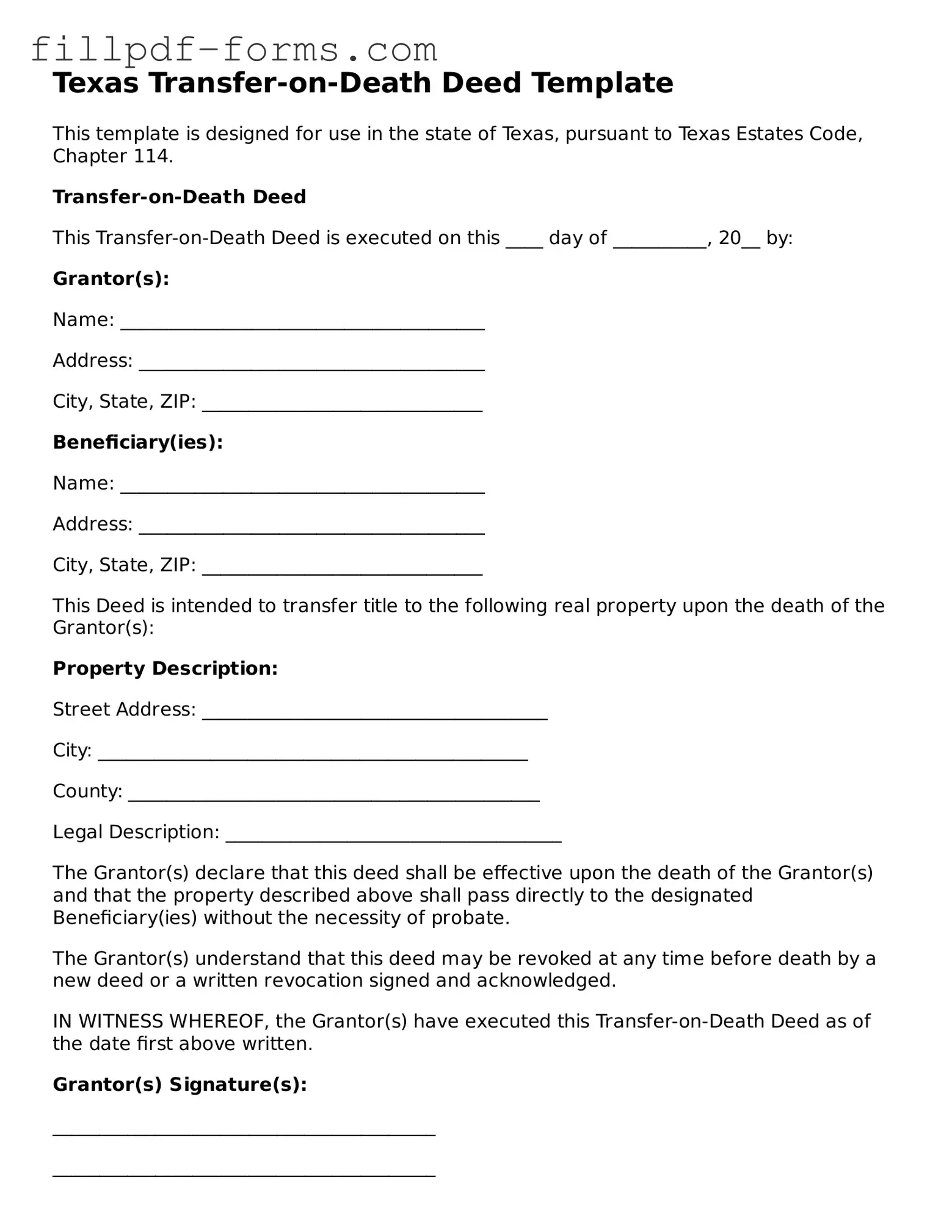 Fillable Transfer-on-Death Deed Template for the State of Texas