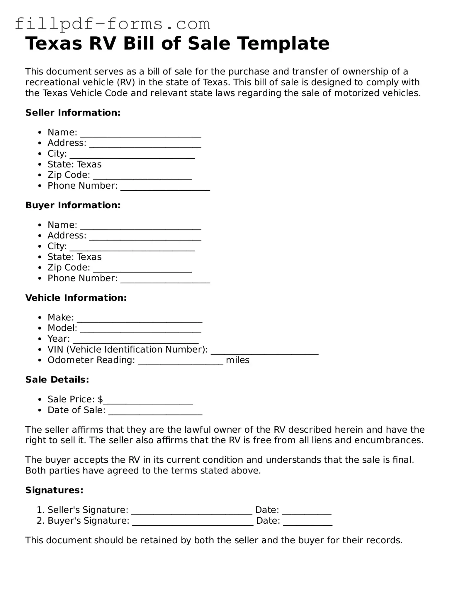 Fillable RV Bill of Sale Template for the State of Texas