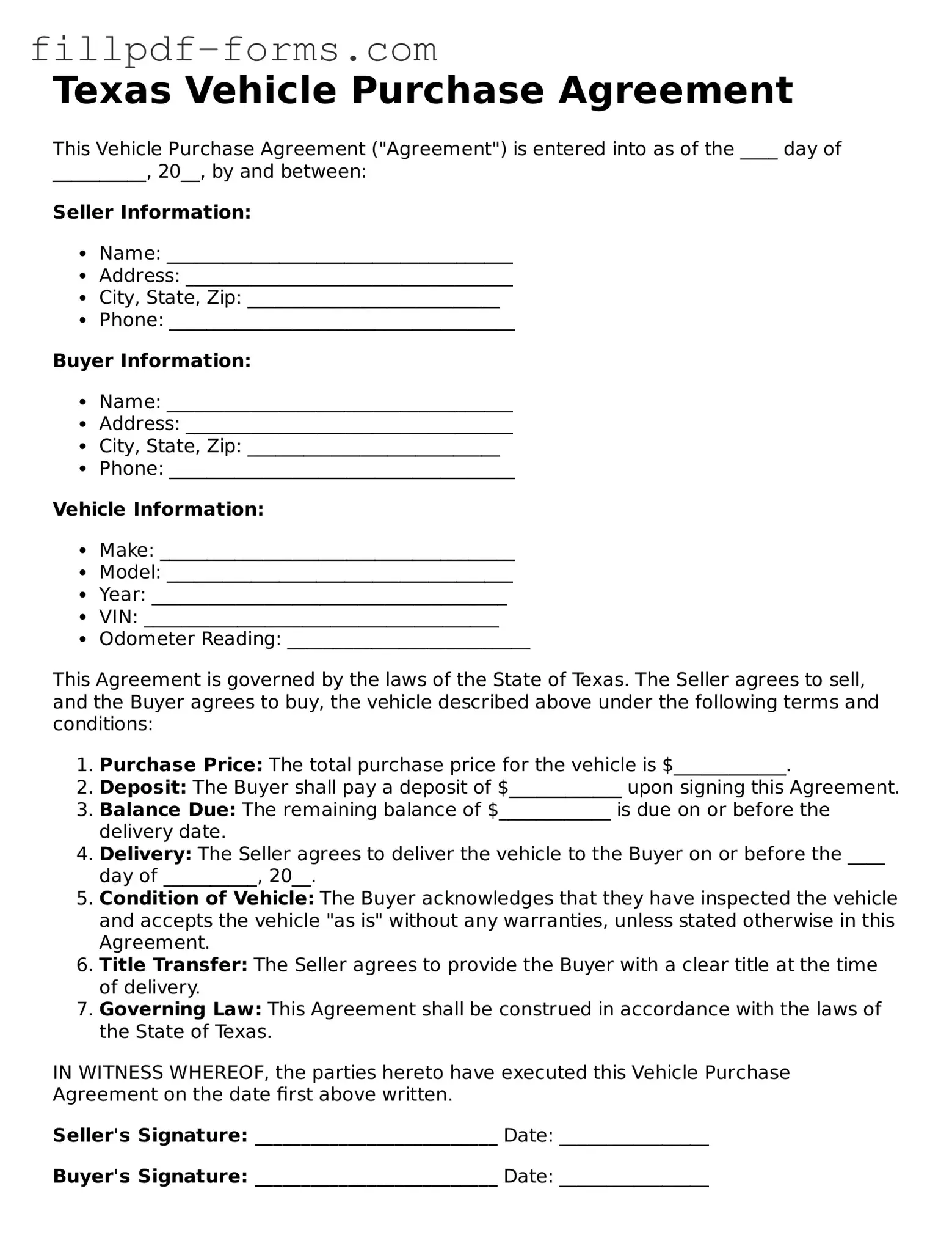 Fillable Vehicle Purchase Agreement Template for the State of Texas
