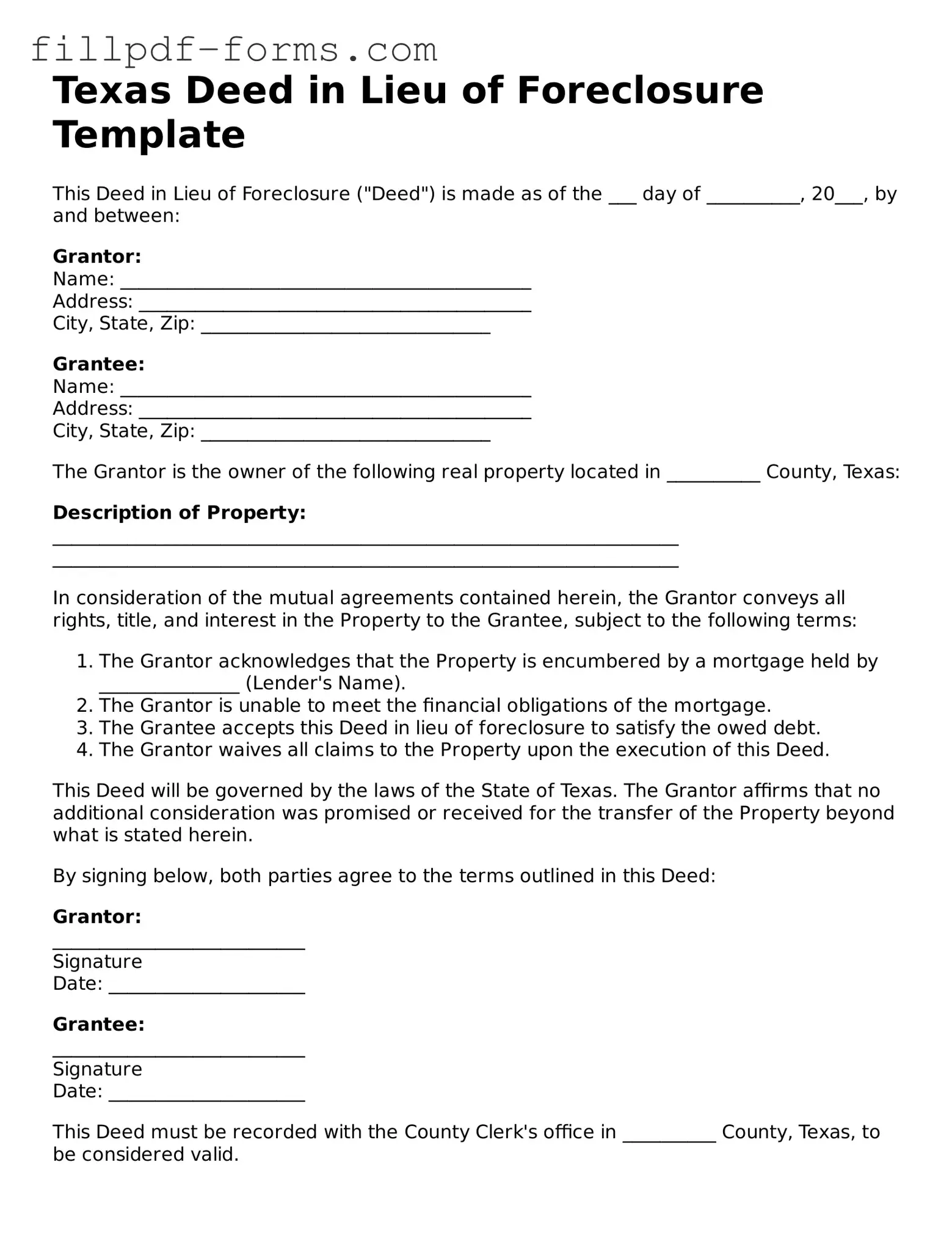 Fillable Deed in Lieu of Foreclosure Template for the State of Texas