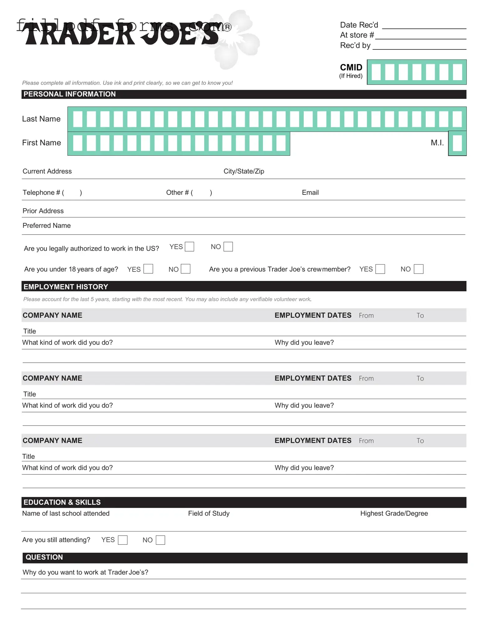 Trader Joe's application PDF Form