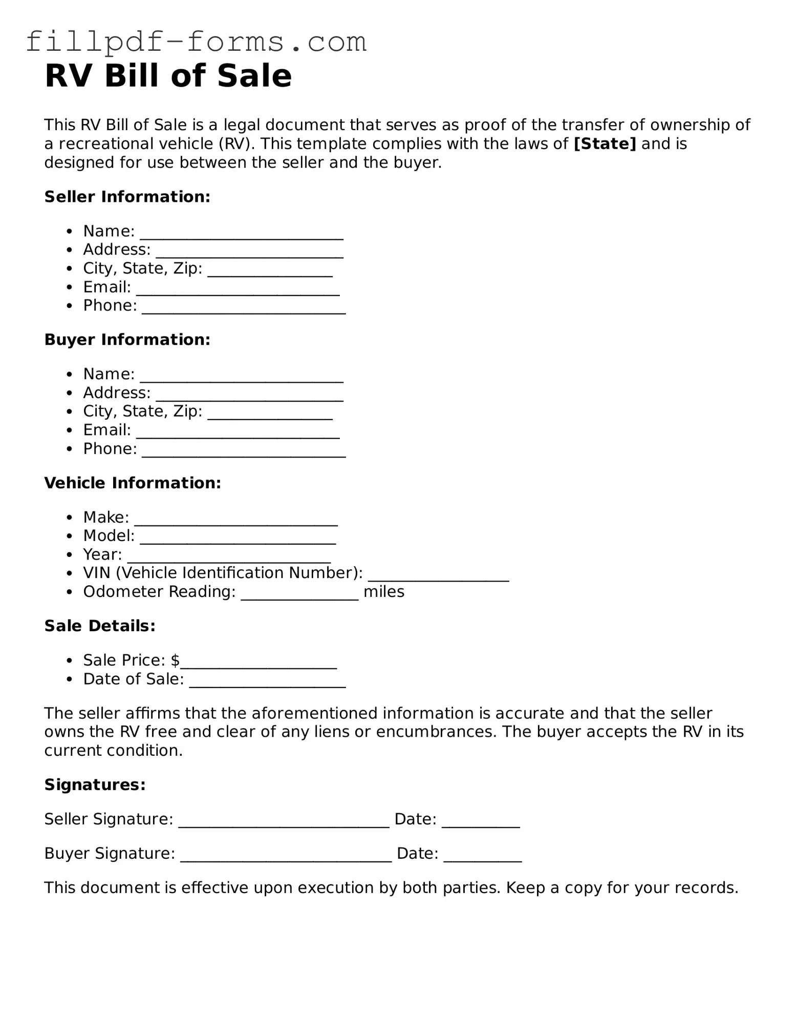 Fillable RV Bill of Sale Template