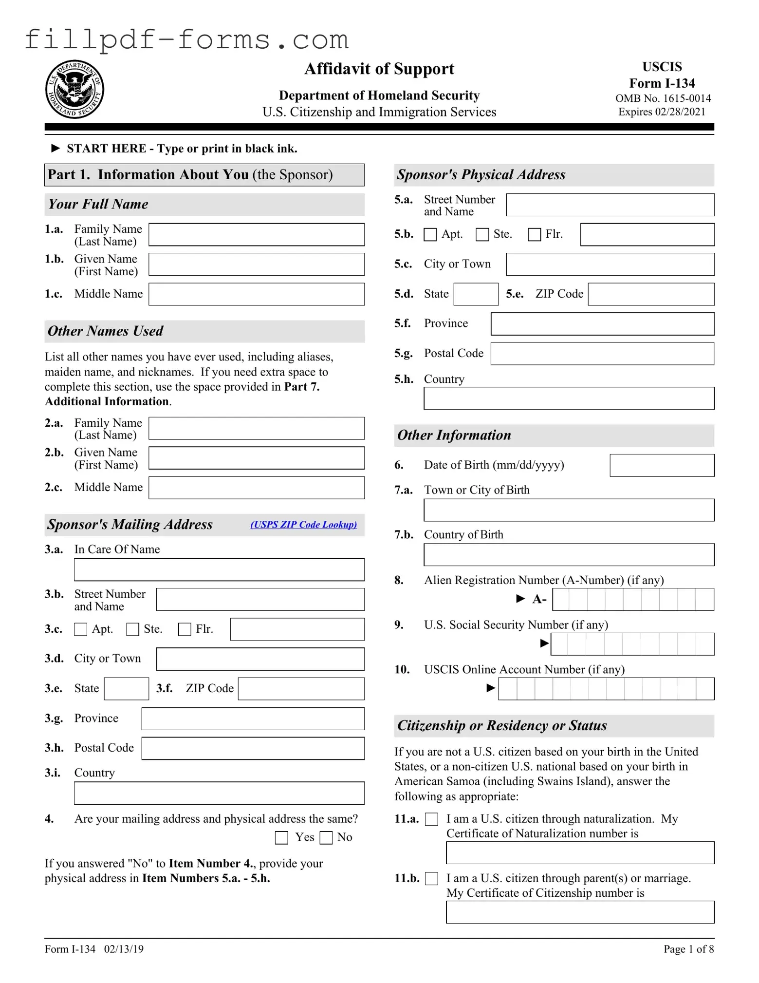 USCIS I-134 PDF Form