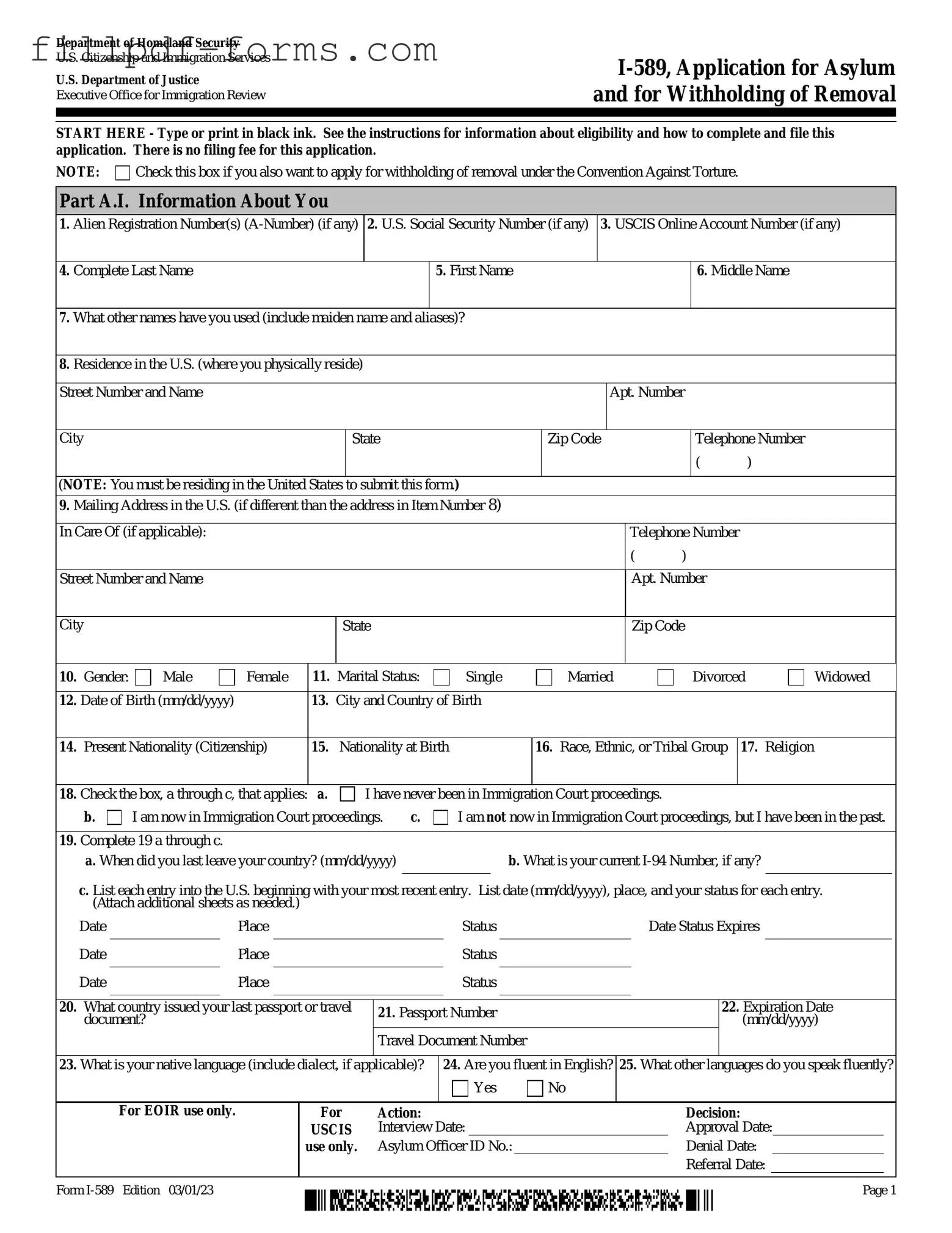 USCIS I-589 PDF Form