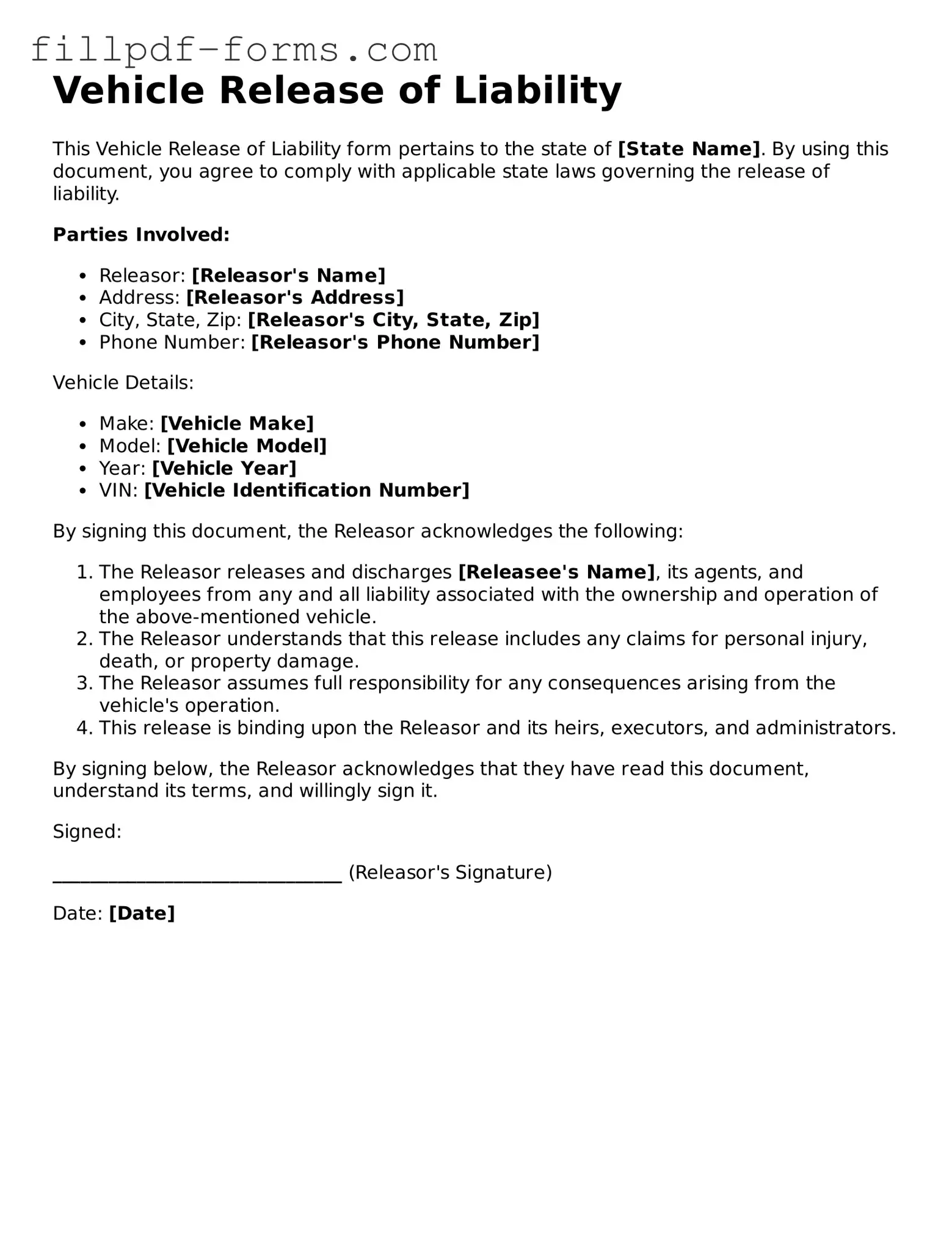 Fillable Vehicle Release of Liability Template