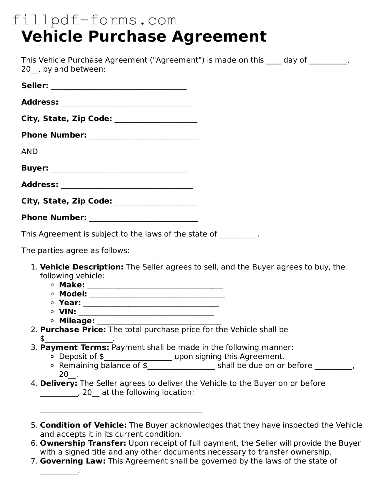 Fillable Vehicle Purchase Agreement Template