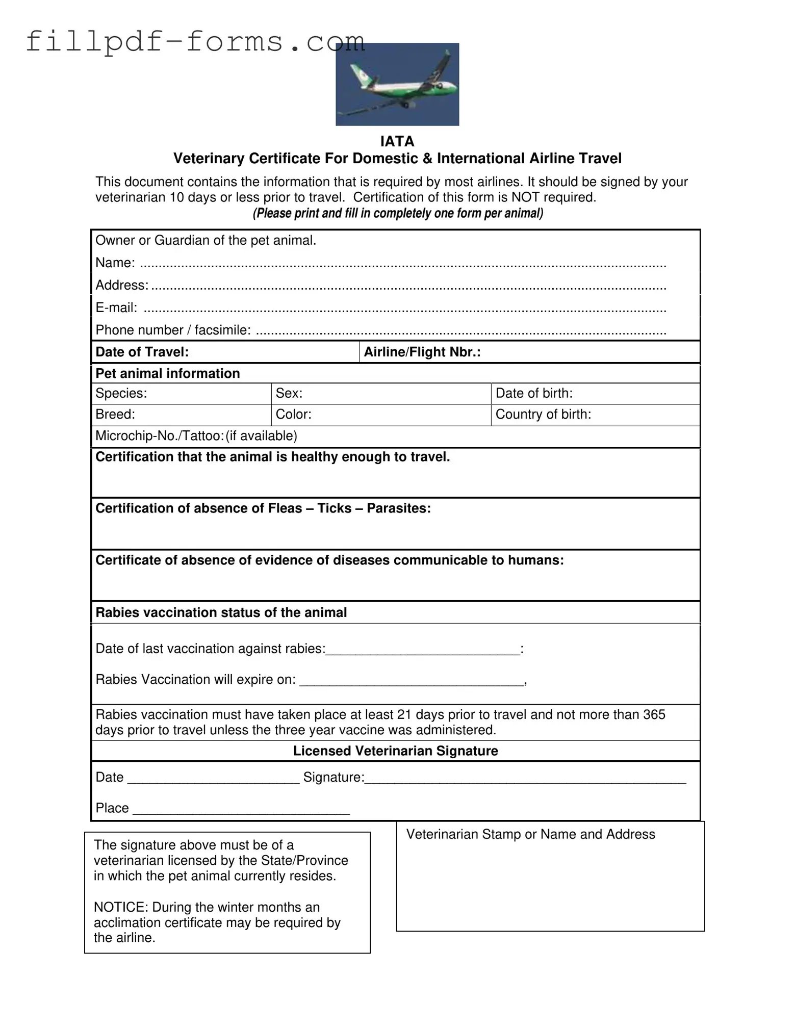 Veterinary Certificate Travel PDF Form