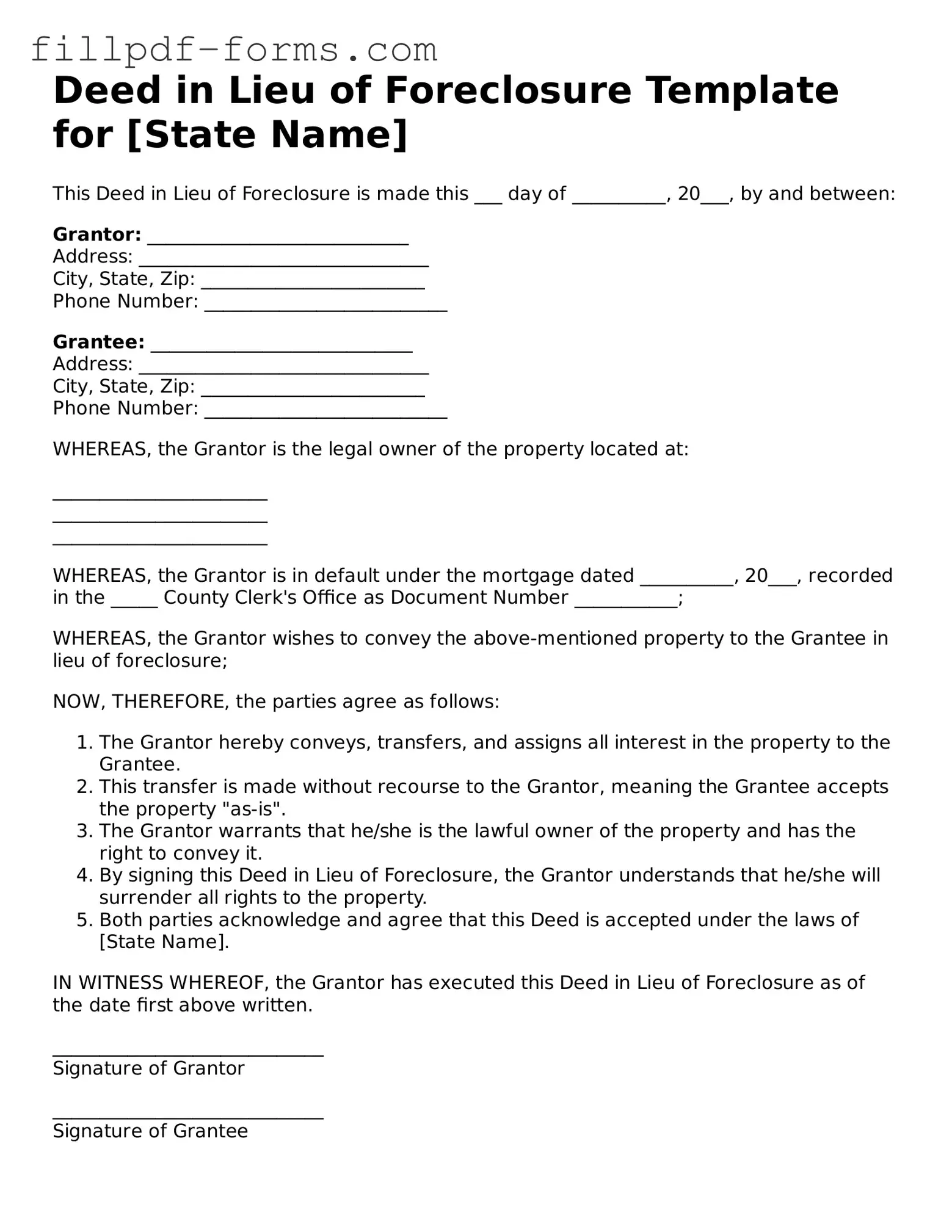 Fillable Deed in Lieu of Foreclosure Template