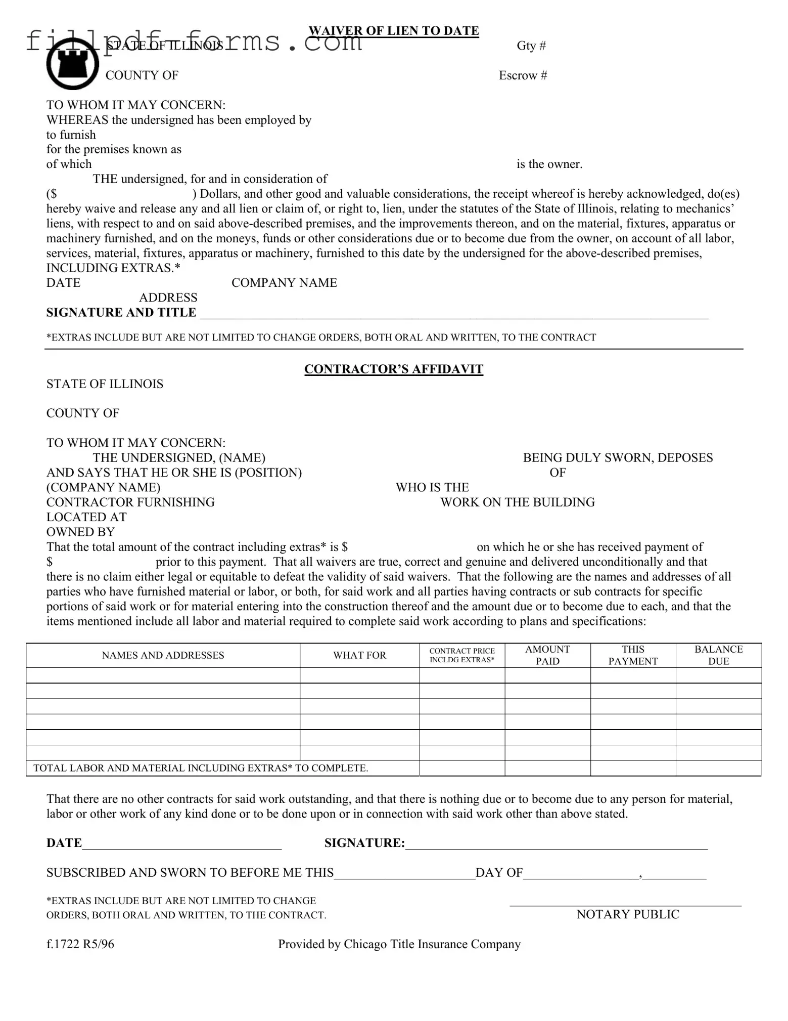 Chicago Title Waiver Format PDF Form