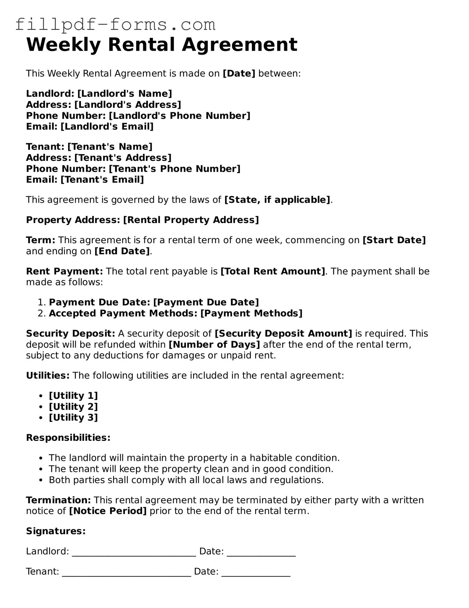 Fillable Weekly Rental Agreement Template