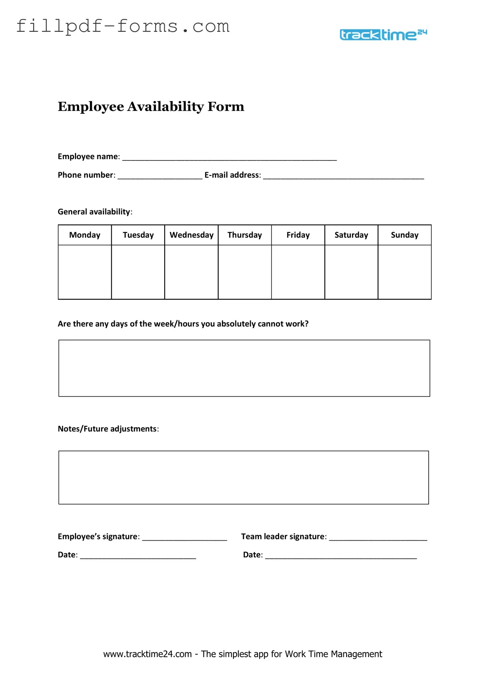 Employee Availability PDF Form